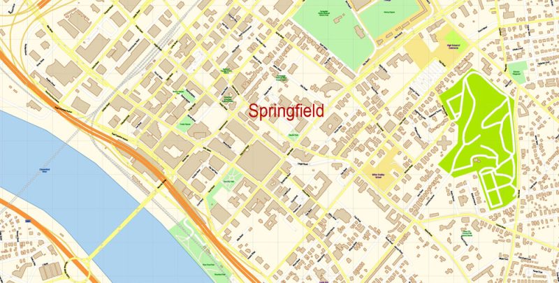 Printable Vector Map of Springfield large area MA US Extra detailed City Plan scale 1:3479 full editable Adobe Illustrator Street Map in layers