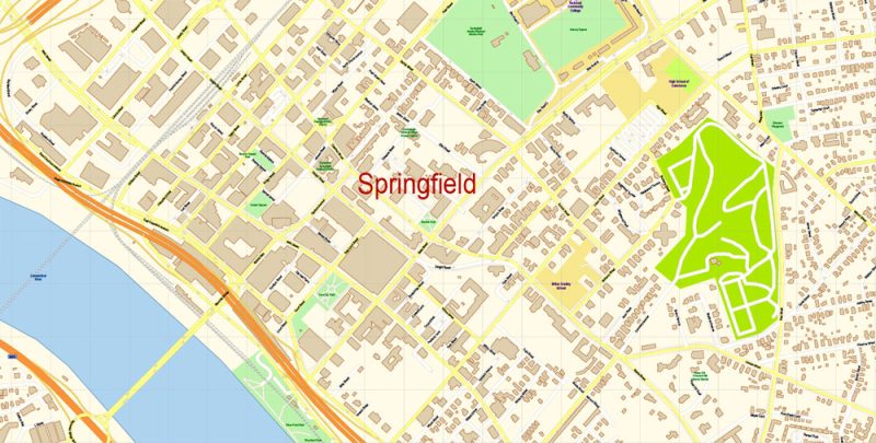 Printable Vector Map of Springfield large area MA US Extra detailed City Plan scale 1:3479 full editable Adobe Illustrator Street Map in layers