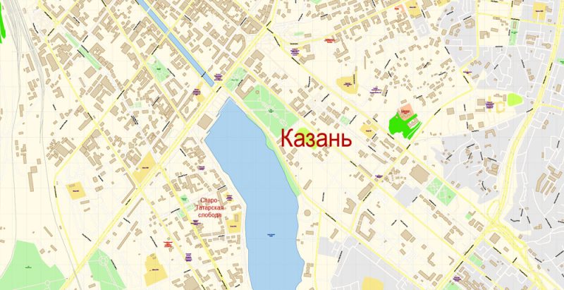 Казань векторная карта подробная редактируемая в слоях Adobe Illustrator