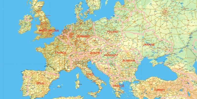 Europe + Asia Vector Mercator Prj. Map Topo Relief 01 Main Roads Cities States editable Adobe Illustrator Printable