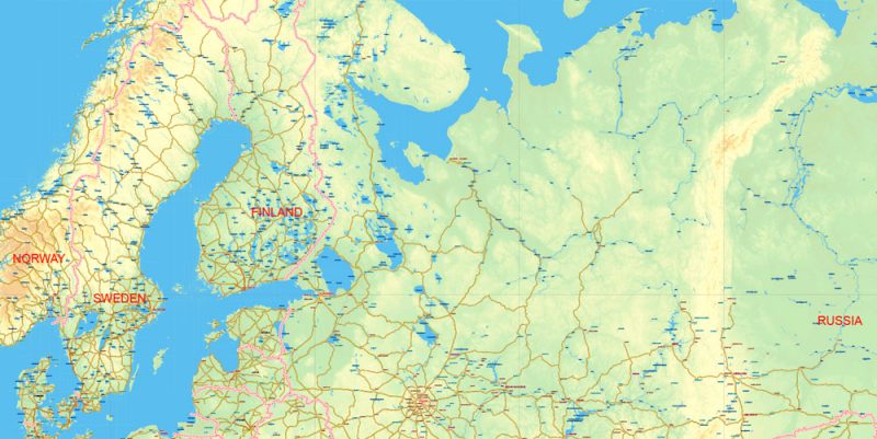 Europe + Asia Vector Mercator Prj. Map Topo Relief 01 Main Roads Cities States editable Adobe Illustrator Printable