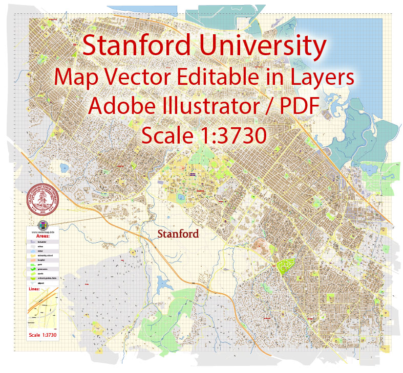 Stanford University Map Vector CA US Extra Detailed Street Road Map editable Adobe Illustrator in layers
