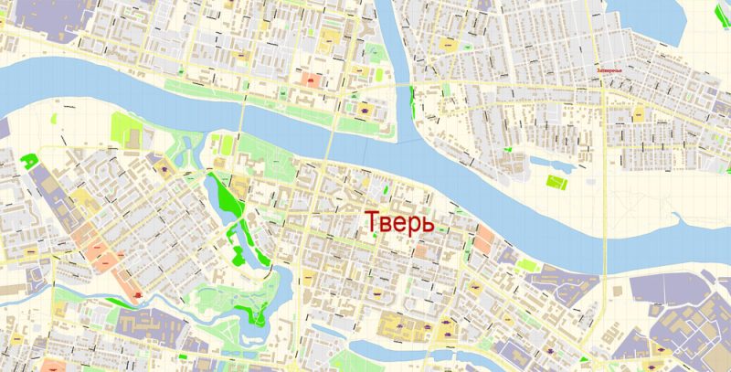 Тверь векторная карта города подробная редактируемая в слоях Adobe Illustrator