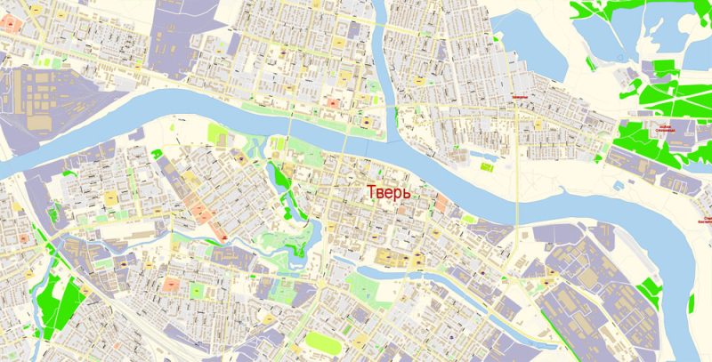 Тверь векторная карта города подробная редактируемая в слоях Adobe Illustrator