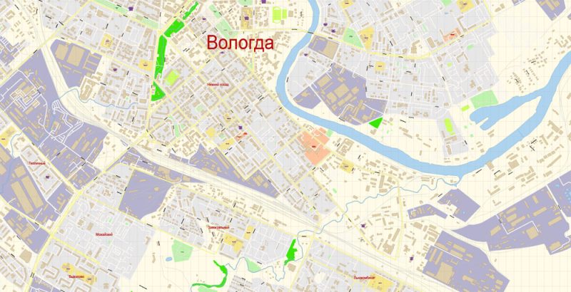Вологда векторная карта города подробная редактируемая в слоях Adobe Illustrator