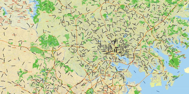 Baltimore counties Map Vector Exact City Plan detailed Street + Zipcodes Map Adobe Illustrator in layers
