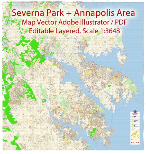Severna Park + Annapolis Maryland Map Vector Exact City Plan detailed Street Map Adobe Illustrator in layers