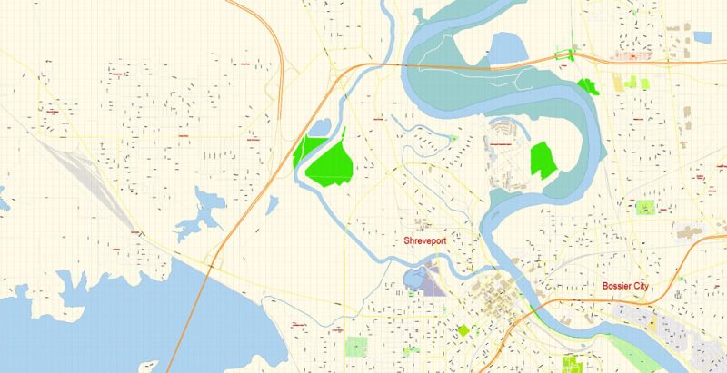 Shreveport + Bossier Louisiana US Map Vector Exact City Plan detailed Street Map Adobe Illustrator in layers