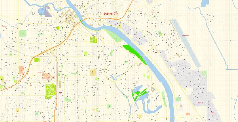 Shreveport + Bossier Map Vector Exact City Plan detailed Street Map Adobe Illustrator in layers