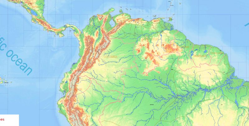 South America Vector Mercator Prj. Map Topo Relief 01 Main Roads Cities States editable Adobe Illustrator Printable