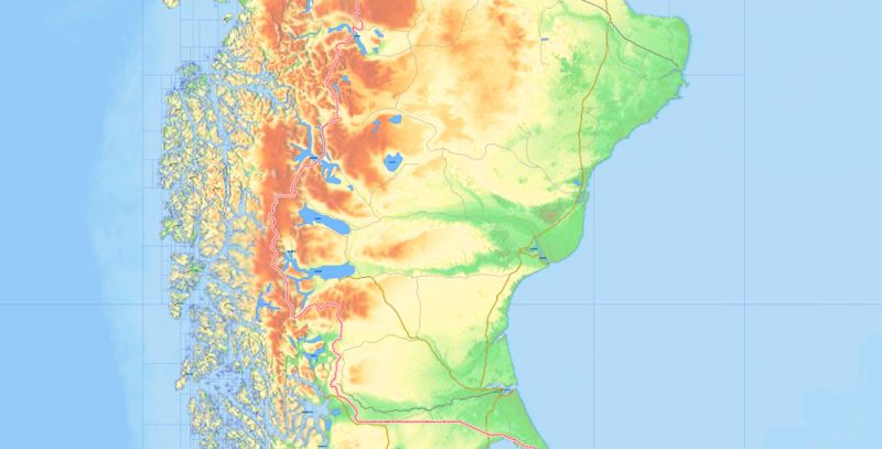 South America Vector Mercator Prj. Map Topo Relief 01 Main Roads Cities States editable Adobe Illustrator Printable