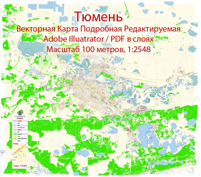 Тюмень векторная карта города подробная редактируемая в слоях Adobe Illustrator