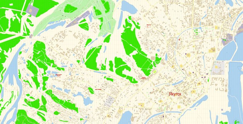 Якутск векторная карта города подробная редактируемая в слоях Adobe Illustrator