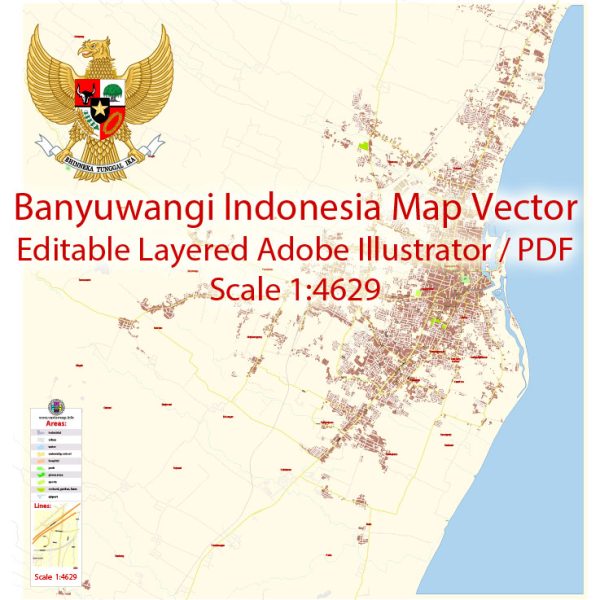 Banyuwangi Map Vector Exact City Plan detailed Street Map Adobe Illustrator in layers