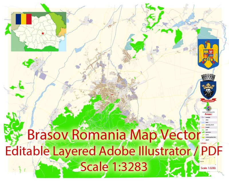 Brasov Romania Map Vector Exact City Plan detailed Street Map Adobe Illustrator in layers