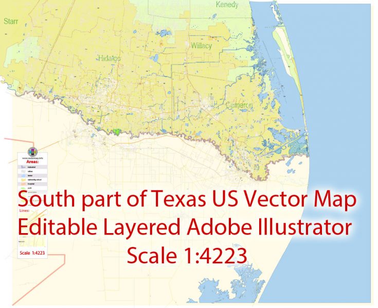 Brownsville, Harlingen, McAllen, Edinburg TX; Reynosa, Matamoros MX Map Vector Exact City Plan detailed Street Map Adobe Illustrator in layers