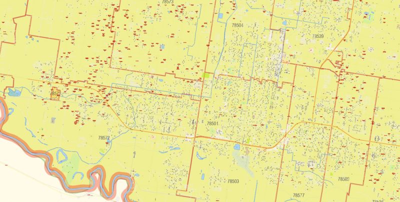 Brownsville, Harlingen, McAllen, Edinburg TX; Reynosa, Matamoros MX Map Vector Exact City Plan detailed Street Map Adobe Illustrator in layers