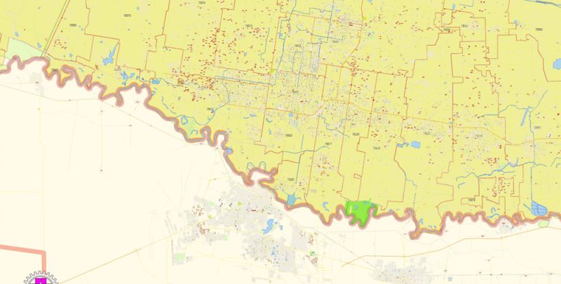 Brownsville, Harlingen, McAllen, Edinburg TX; Reynosa, Matamoros MX Map Vector Exact City Plan detailed Street Map Adobe Illustrator in layers