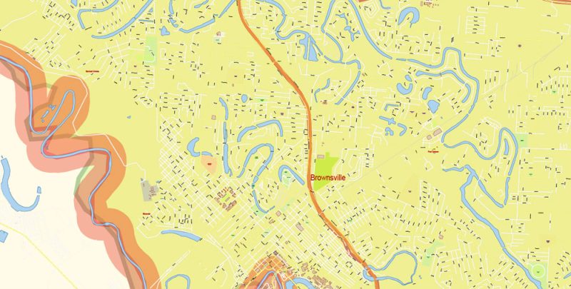 Brownsville, Harlingen, McAllen, Edinburg TX; Reynosa, Matamoros MX Map Vector Exact City Plan detailed Street Map Adobe Illustrator in layers