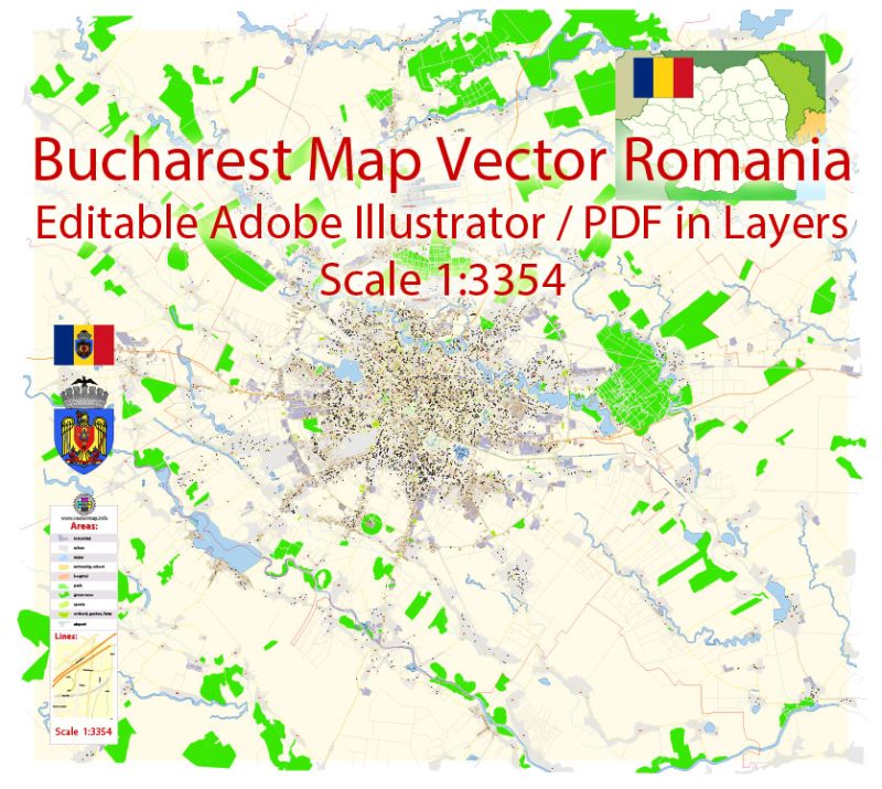 Bucharest Map Vector Exact City Plan detailed Street Map Adobe Illustrator in layers