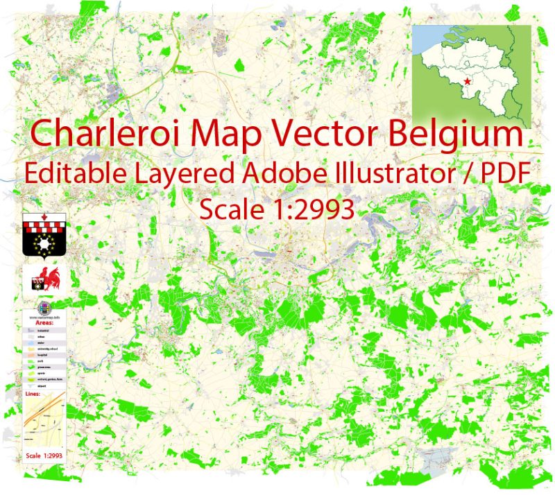 Charleroi Map Vector Belgium Exact City Plan detailed Street Map Adobe Illustrator in layers