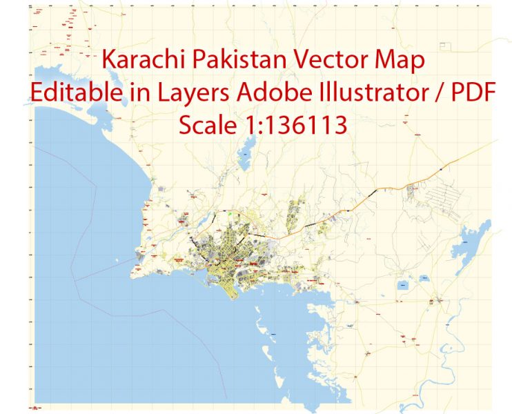 Karachi Map Vector Pakistan 1:136113 low detailed City Plan editable Adobe Illustrator Street Map in layers for small print size