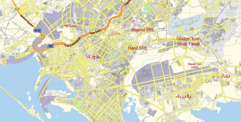 Karachi Map Vector Pakistan 1:136113 low detailed City Plan editable Adobe Illustrator Street Map in layers for small print size