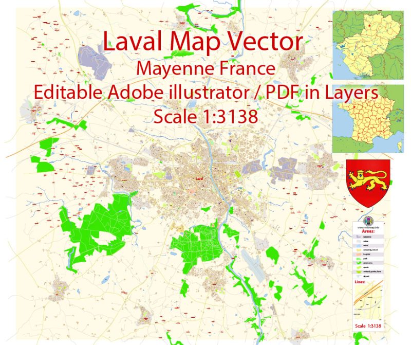 Laval Mayenne Map Vector Exact City Plan detailed Street Map Adobe Illustrator in layers