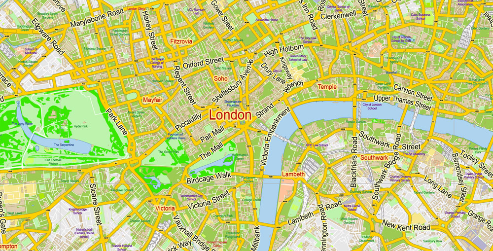 London Center PDF Map Vector UK Exact City Plan Street Map Green Adobe ...