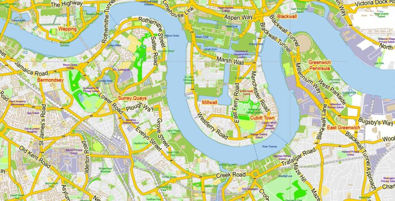 London Center Map Vector UK Exact City Plan Street Map Green Adobe Illustrator in layers