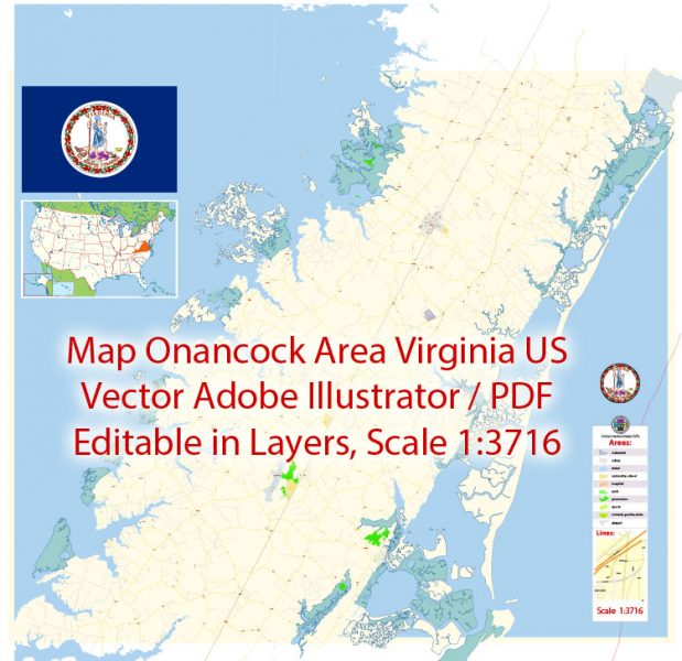 Onancock Vector Map area Virginia US detailed City Plan full editable Adobe Illustrator Street Map in layers