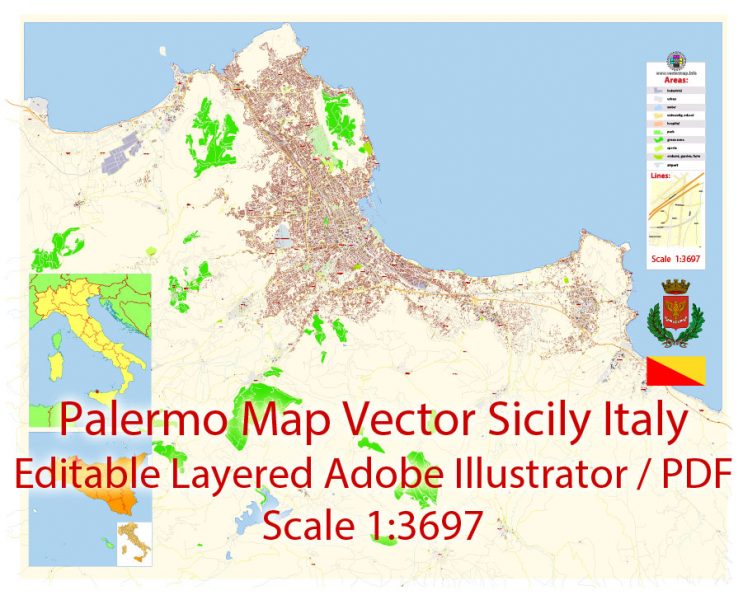 Palermo Italy Map Vector Exact City Plan detailed Street Map Adobe Illustrator in layers