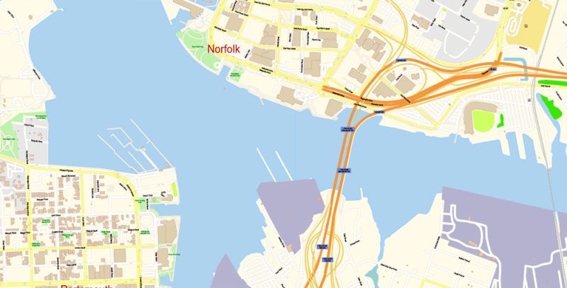 Printable Vector Map of Newport News + Norfolk + Chesapeak + Suffolk + Virginia Beach + Hampton Virginia US detailed City Plan scale 1:3752 full editable Adobe Illustrator Street Map in layers