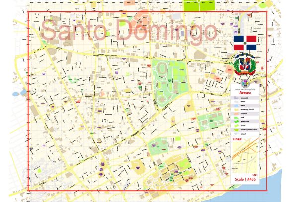 Santo Domingo Part Printable Map Republica Dominicana exact vector Map street City Plan full editable, Adobe Illustrator