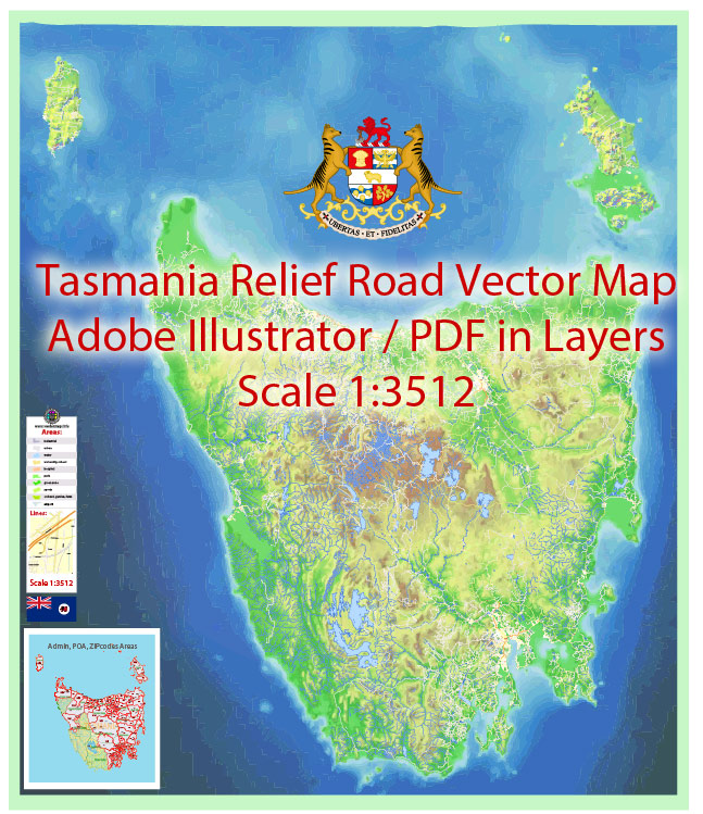 Tasmania full road relief Map Vector Exact Island Plan detailed Street Map Adobe Illustrator in layers