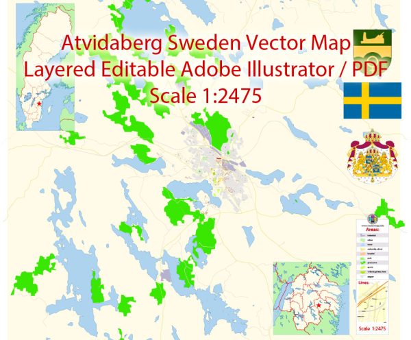 Atvidaberg Ostergotland Sweden Map Vector Exact City Plan detailed Street Map editable Adobe Illustrator in layers