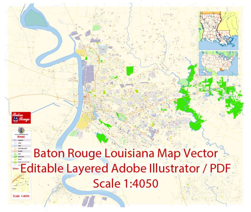 Baton Rouge Map Vector Exact City Plan Louisiana detailed Street Map editable Adobe Illustrator in layers