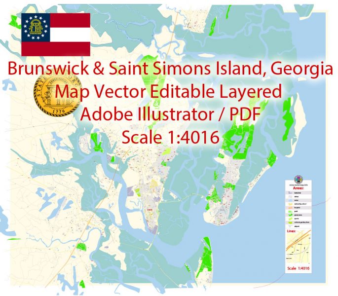 Brunswick + St. Simons Island PDF Map Vector Exact City Plan Georgia US detailed Street Map editable Adobe PDF in layers