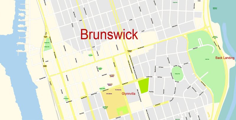 Brunswick + St. Simons Island Map Vector Exact City Plan Georgia US detailed Street Map editable Adobe Illustrator in layers