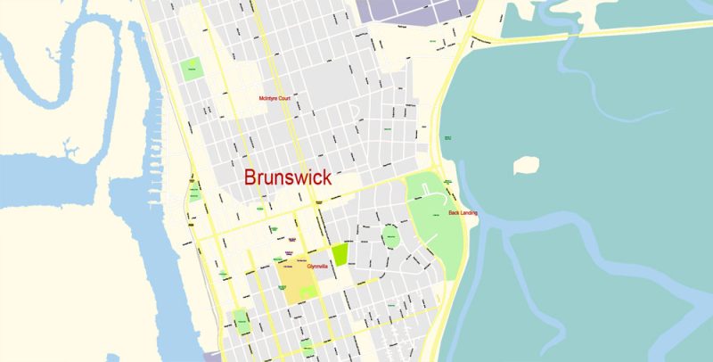 Brunswick + St. Simons Island Map Vector Exact City Plan Georgia US detailed Street Map editable Adobe Illustrator in layers