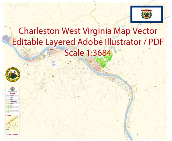 Charleston West Virginia US Map Vector Exact City Plan detailed Street Map editable Adobe Illustrator in layers