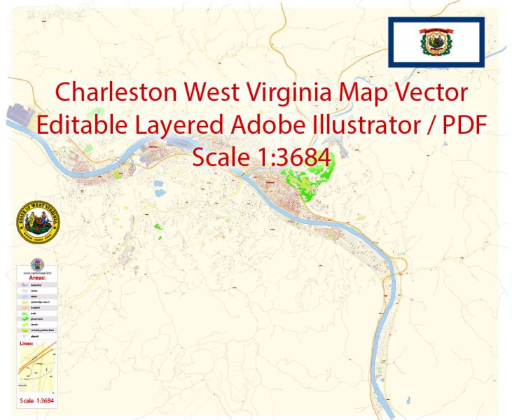 Charleston West Virginia US Map Vector Exact City Plan detailed Street Map editable Adobe Illustrator in layers