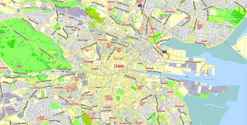 Dublin Map Vector Ireland Exact City Plan Low detailed Street Map editable Adobe Illustrator in layers