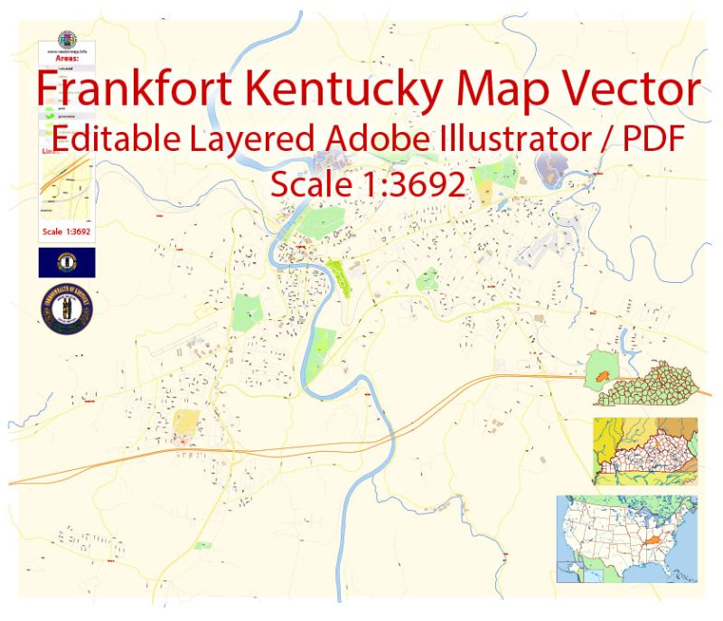 Frankfort Map Vector Exact City Plan Kentucky detailed Street Map editable Adobe Illustrator in layers