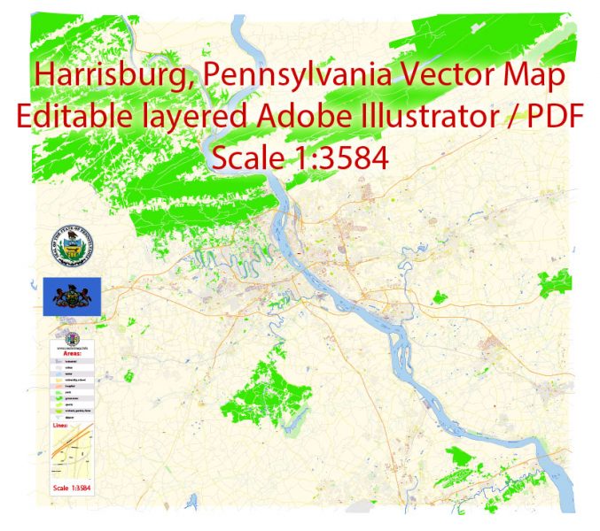 Harrisburg Metro Area Map Vector Exact City Plan Pennsylvania detailed Street Map editable Adobe Illustrator in layers