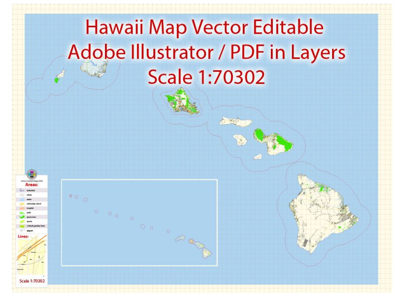 Hawaii Islands Vector Map detailed Plan scale 1:70302 full editable Adobe Illustrator Street Map in layers