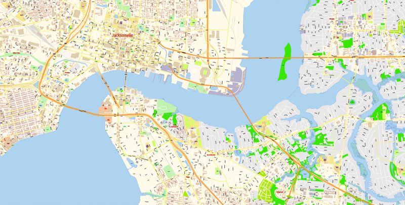 Jacksonville Map Vector Florida Exact City Plan detailed Street Map editable Adobe Illustrator in layers