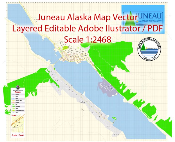 Juneau Map Vector Alaska Exact City Plan detailed Street Map editable Adobe Illustrator in layers