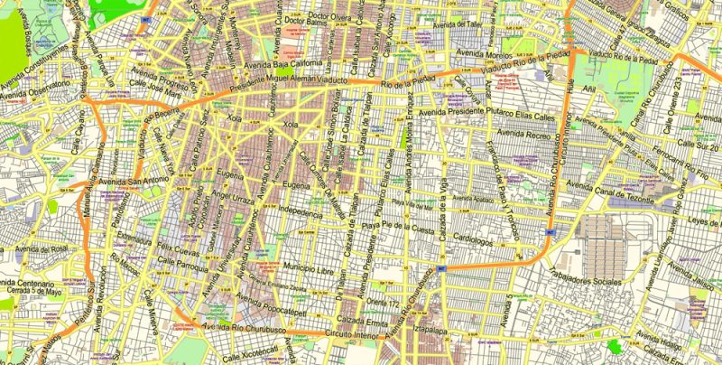 Mexico City Map Vector Exact City Plan Low detailed Street Map editable Adobe Illustrator in layers