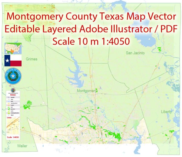 Printable Vector Map of Montgomery County Texas and nearest counties detailed City Plan scale 1:4050 full editable Adobe Illustrator Street Map in layers